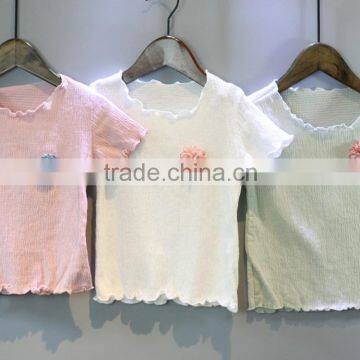 Custom New Design Fashion Children Pure Color Comfort Girl T-shirt with Flower Decoration