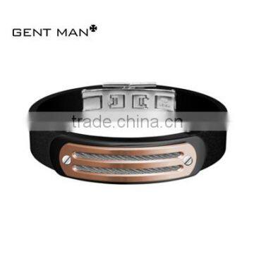 Wholesale mens flat leather bracelet jewelry rose gold 316 stainless steel bracelet