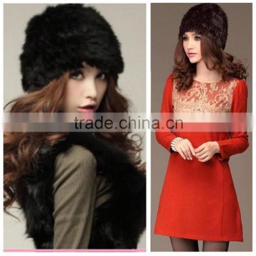 Fashion Russian Lady Rabbit Fur Knitted Cap Nice Women Winter Warm Beanie Hat