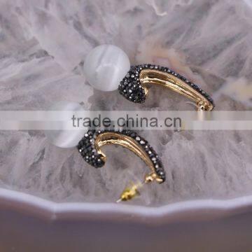 White Round Cat's Eye Earring, Metal Copper Gold Cuff Earrings, Pave Rhinestone Stud Earring photo-3