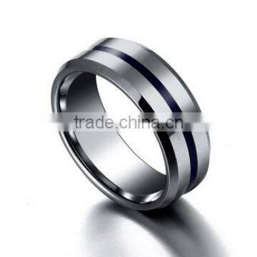 Beveled Edge Polished Tungsten Carbide Wedding Band With Center Blue Resin Inlay