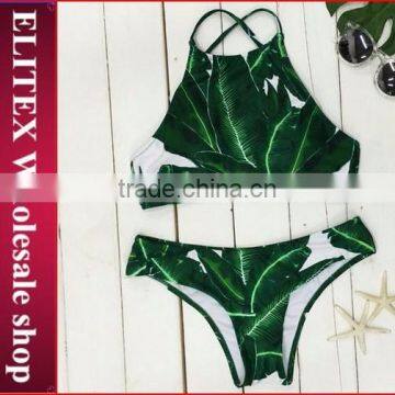 2017 Newest halter green leaves print sexy micro bikini CK371