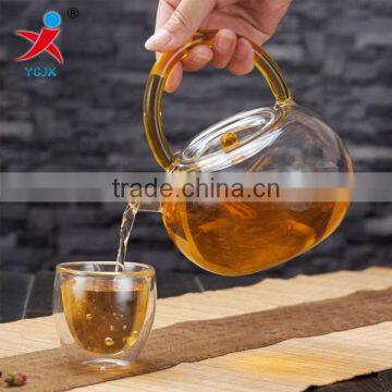 new design pyrex glass tea pot with colored glass handle