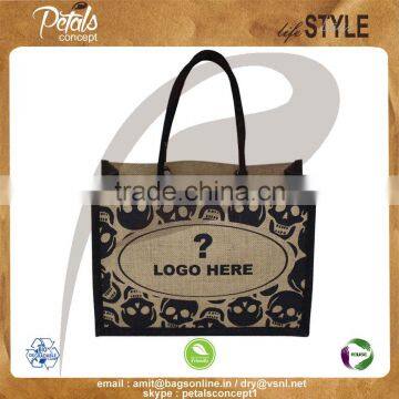 Highly fashionable & latest trendy design jute shopping bags with two side overall print