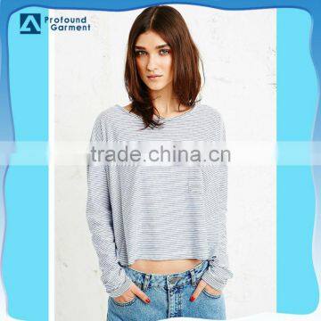 stripes thin long sleeve bare midriff women t shirt