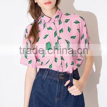 Women's sweet cactus print single-breasted 100% cotton casual short sleeve pink shirt