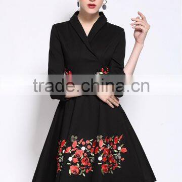 Ladies Autumn/winter V Neck 3/4 Sleeve Embroidered A-line Dress photo-4