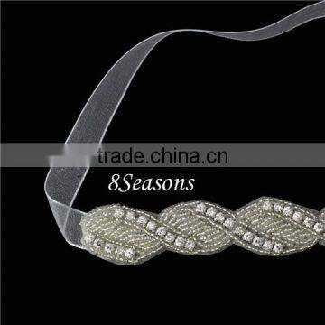 Round White Clear Rhinestone Gauze Headband Headdress Wedding Hair Accessories photo-3