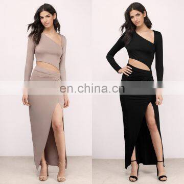 Elegant Plain Long Sleeve Shift Maxi Dress with Front Slit and Cut Outs