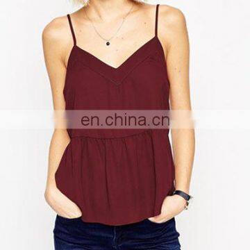 High quality woman v neck spaghetti strap tank top with ruffled details