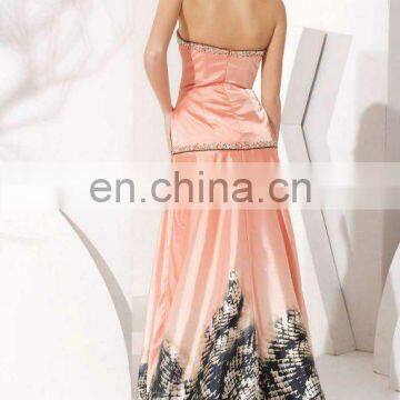 pink print satin fabrics with sweetheart design beaded prom dress