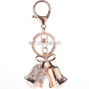 New christmas gold crystal double bell metal keychain with pearl