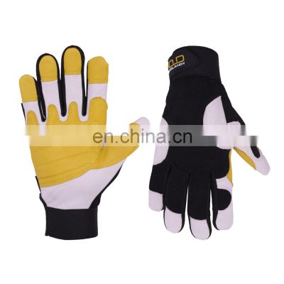 HANDLANDY In Stock Yellow Soft Dexterity Goatskin Leather Mechanic Safety Vibration-Resistant Heavy Duty Leather Work Gloves