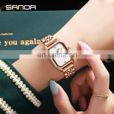 SANDA P1096 2022 Luxury Fashion Women Quartz Watches Rose Gold Casual Leather Female Wristwatch Girls Clock