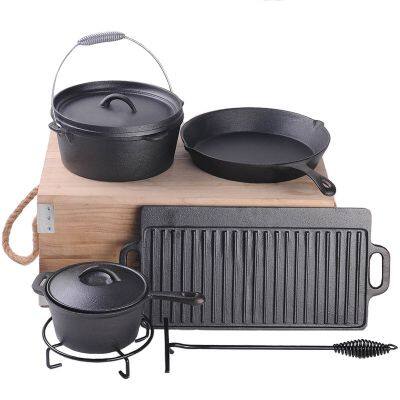 Heavy duty 7pcs non stick cookware cast iron pots frying griddle pans dutch oven camping set for outdoor cooking
