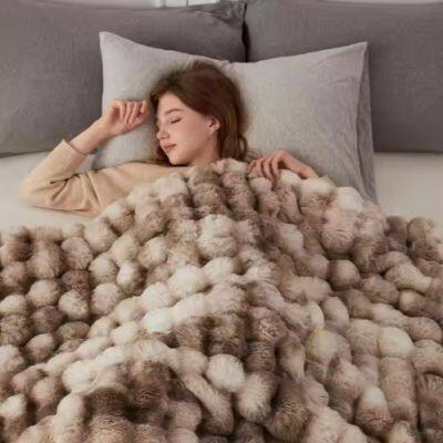 Heavy Luxury Thickened No Shedding Rabbit Faux Fur Blanket for Winter Beds Bubble Blankets Weighted Throw Blanket photo-2