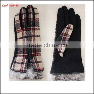 Ladies pigsuede rabbit fur cuff grid fashion gloves manufacture in China