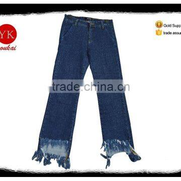 new design men bottom destroyed jeans blue wash fringed tassel boy jeans pent