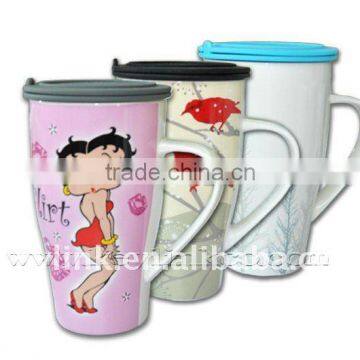 New Bone China Travel mug with silicon strainer and coaster