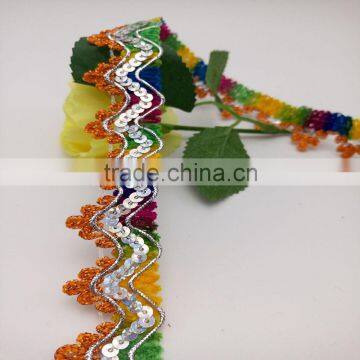 colorful chenille unilateral three flowers sequin silver trimming lace