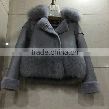 Short Shorn Sheepskin Double faced Leather Jacket with Fox Fur Collars Coat