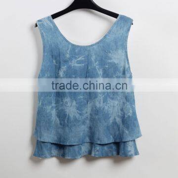 OEM Custom designs denim shirt for girls with double layers sleeveless causal girl woman top in Guangzhou