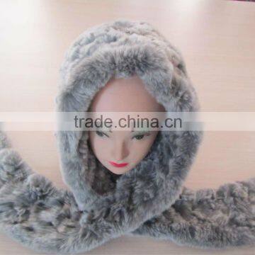 fur hat with scarf/women fashionable genuine rabbit fur hat with scarf