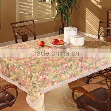 2015 Newest printed fruits design peva table cloth with lace/waved/straight edge