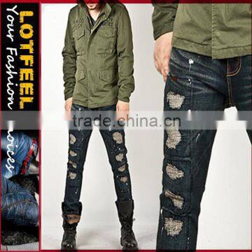 Extreme Distressed Splash Paint Accent Denim Slim Jeans ripped denim man jeans (LOTM042)