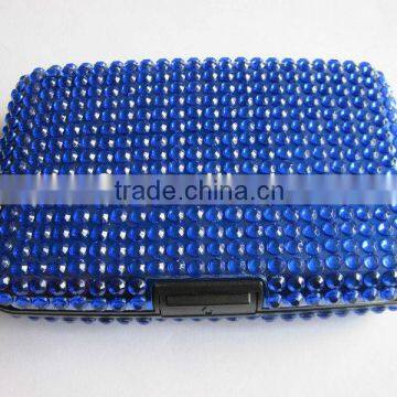 waterproof blue plastic credit card holder full with rhinestone