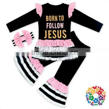 Children's Pink Frill Design Black Stripe Girls Cotton Long-sleeved T-shirt And Pant Grils Clothes