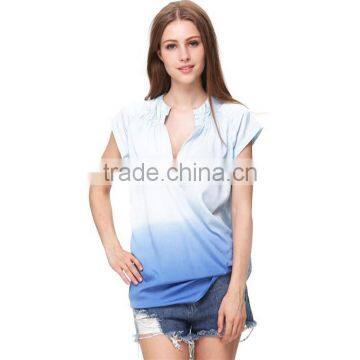 Spring Beachwear Style Girls Shirts High Street Brand New Arrivals Blue Camouflage Short Sleeve V Neck Blouse