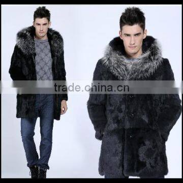 New style long artificail rabbit fur coat with raccoon collar