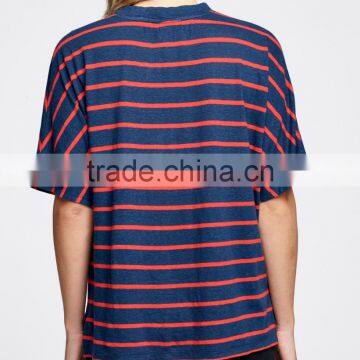 Wholesale Ladies Tops Navy and Red Stripe Short Sleeve Round Neck t Shirt Summer photo-2