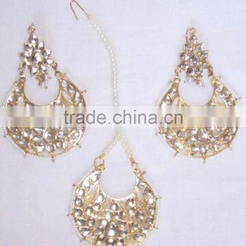 JADAU KUNDAN GOLD PLATED Dangler Chand Bali EARRINGS TIKA SET Real Look photo-3