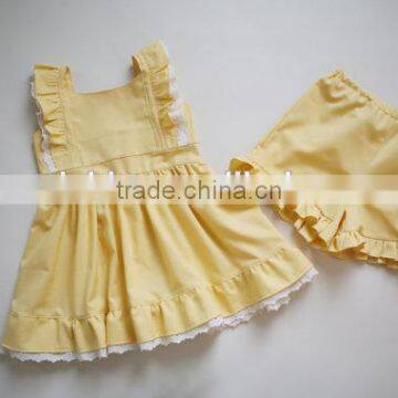Latest Design 2 Pieces Baby Clothing Outfit Children Ruffle Lace Dress Plain Blue Bloomer Set Wholesale photo-3