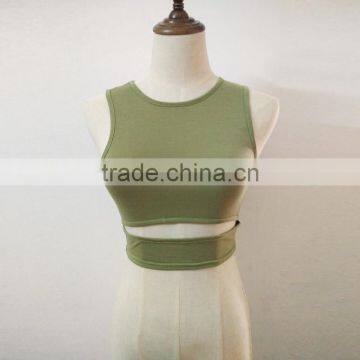 Cotton Crop Top Tank Top Hollow Plain Dyed Solid Army Green Sold By PC photo-2