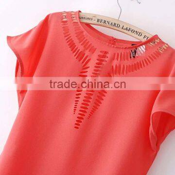 New Women Short Sleeve Short Front Long Back Plain Blouse photo-5