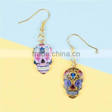 New Fashion Cheap Gold Plated Multicolor Halloween Sugar Skull Earrings photo-3