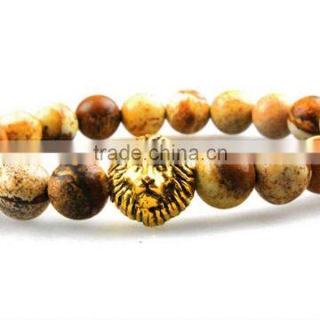 8mm Picture Jasper Stone Beads Gold Lion head Energy Bracelet