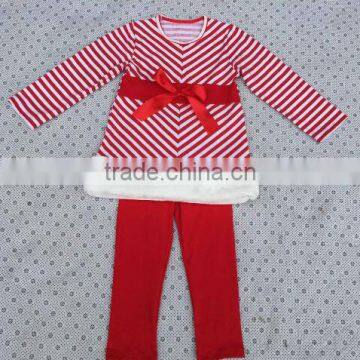 fall winter boutique chrismas red and white stripe bowknot top match red legging pants outfits children clothing set