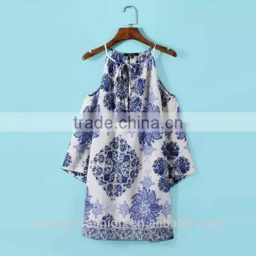 2017 New Model Summer Dress Women off Shoulder Straight Loose Blue and White Porcelain Printed Dress photo-3