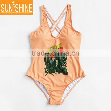 Custom Cactus Printed Strappy Cross Back Bikini Sexy One Piece Swimwear