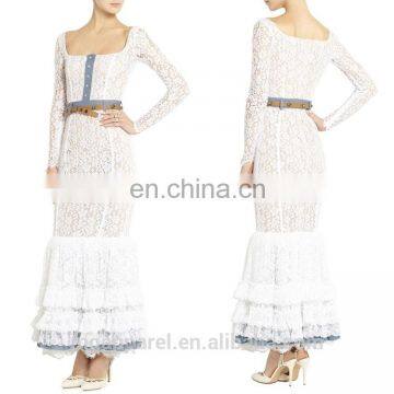 latest design formal evening gown chambray-trimmed long sleeve lace evening gown dresses