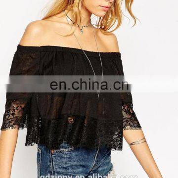 Latest Ladies Top With Off Shoulder and Lace Trim Tops photo-4