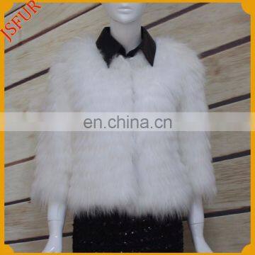 White pure color raccoon fur jacket black leather lapel collar with real raccoon fur jacket for women