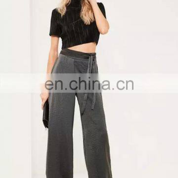 CH315 Wholesale Fashion Garments Ladies Grey Satin Tie Belt Wide Leg Pants