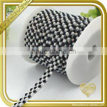 3 rows hot fix rhinestone sheet black white crystal pearl bead chain for bag handle FHRS-039