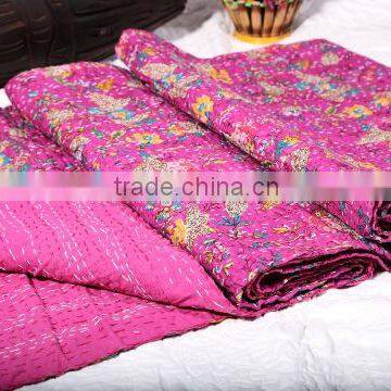 Pink kantha Queen Quilt Hand Printed Kantha Quilt Floral Prints Bedspreads bohemian Cotton quilt