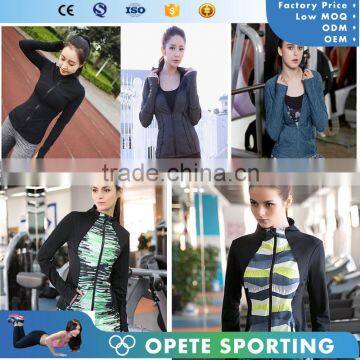 (OEM/ODM Factory)Women fitness sports zip pocket hoodies, gym sports jacket, nylon, polyester spandex yoga jacket